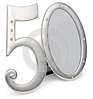 Silver photo frame birthday 50 anniversary of isolation on a white background. metal frame inlaid jem stones