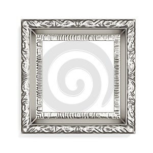 Silver photo frame with pattern on white background. 3d renderin