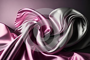Silver and pink satin fabric background. Pink fabric background top view. Wavy smooth cloth texture. Pink ripple fabric