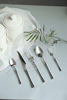 Silver plate. Cutlery set. Fork, spoon, knife, dessert fork, teaspoon. Fashion photo shoot.