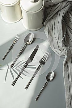 Silver plate. Cutlery set. Fork, spoon, knife, dessert fork, teaspoon. Fashion photo shoot.