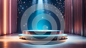 Silver platform on festive stage background with blue light beam in the middle