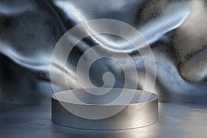 A silver podium with a matte surface, set against a backdrop of abstract, metallic patterns in cool