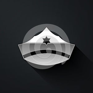 Silver Police cap with cockade icon isolated on black background. Police hat sign. Long shadow style. Vector