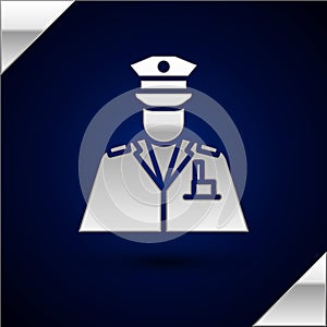 Silver Police officer icon isolated on dark blue background. Vector Illustration