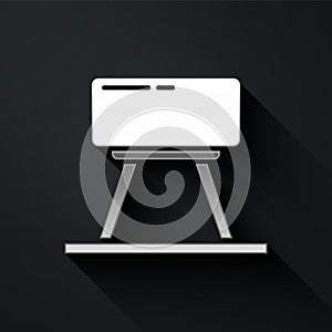Silver Pommel horse icon isolated on black background. Sports equipment for jumping and gymnastics. Long shadow style