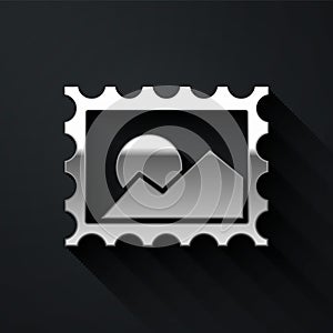 Silver Postal stamp icon isolated on black background. Long shadow style. Vector