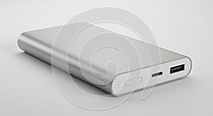 silver power bank on a white surface
