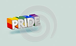 Silver PRIDE word with rainbow outline. LGBTQ pride month symbol concept. Isolated on pastel green background with copy space. 3D