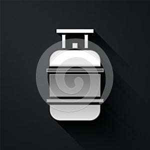 Silver Propane gas tank icon isolated on black background. Flammable gas tank icon. Long shadow style. Vector