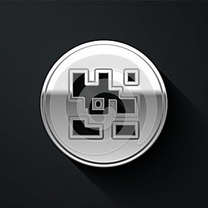 Silver QR code sample for smartphone scanning icon isolated on black background. Long shadow style. Vector