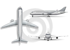 Silver realistic airplane mock up isolated. Aircraft, airliner 3d illustration on white background. Set of air plane