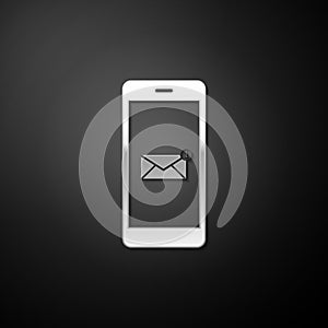 Silver Received message concept. New email notification on the smartphone screen icon isolated on black background. New