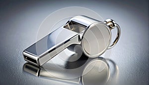 Silver Referee Whistle on a Reflective Surface