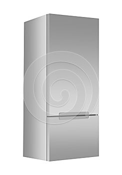 Silver refrigerator with freezer on white background. Modern 3d fridge with door. Home kitchen electrical appliance.