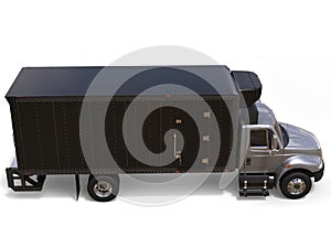 Silver refrigerator truck with black trailer unit - top down side view