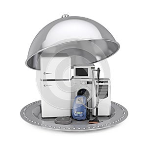 Silver Restaurant Cloche with Household Appliances Set. 3d Rendering