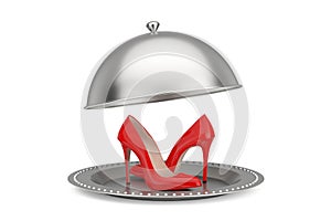 Silver Restaurant Cloche with Red High Heels Wooman Shooes. 3d Rendering