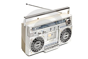 Silver retro ghetto radio boom box cassette recorder from 80s