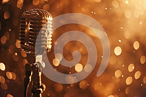 Silver retro microphone on golden sparkle background Ai photo