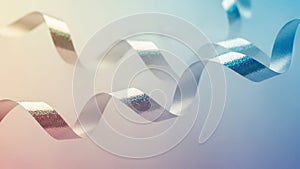 Silver ribbon curls on pastel gradient background