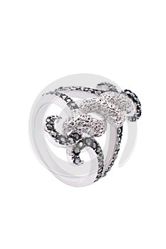 Silver ring with brilliants on a white background