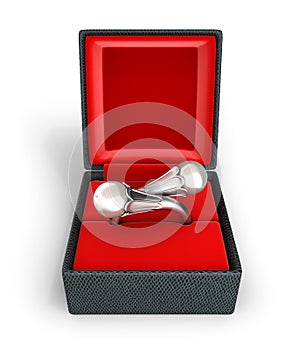 Silver ring or earrings with pearl in a gift box on white background 3d illustration