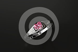 Silver Ring with Pink Ruby Heart Shape Diamond 3d Rendering isolated on black