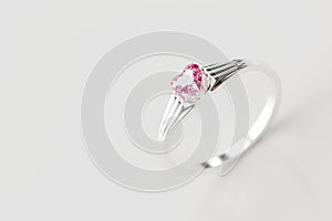 Silver Ring with Pink Ruby Heart Shape Diamond Soft Macro Focus 3d Rendering isolated on white