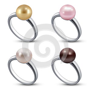 Silver rings with pearls. Vector realistic illustration for wedding design or Valentine's day