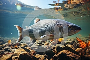 Silver river wild fish swim in the lake. underwater world, rocky bottom of pond