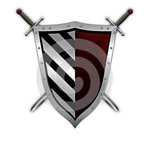 Silver shield and swords on white background.