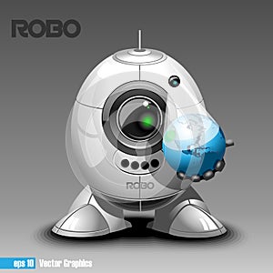 Silver robo eyeborg projecting the planet earth in 3d photo