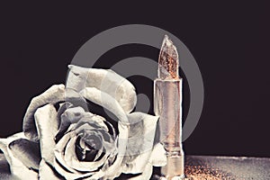 Silver rose flower. vintage retro design. wealth and richness. Glamour metallic lipstick. metallized antique decor