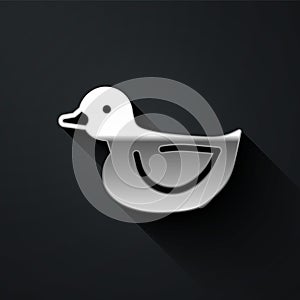 Silver Rubber duck icon isolated on black background. Long shadow style. Vector