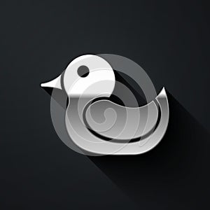 Silver Rubber duck icon isolated on black background. Long shadow style. Vector