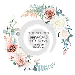 Silver sage and blush pink flowers vector round frame. Creamy beige and dusty rose, ranunculus