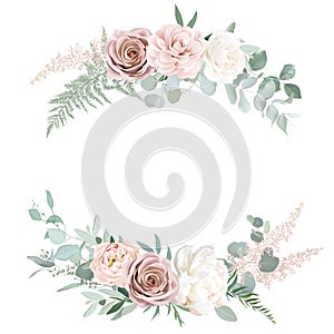 Silver sage and blush pink flowers vector round frame. Creamy beige and dusty rose, ranunculus