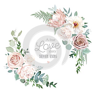 Silver sage and blush pink flowers vector round frame