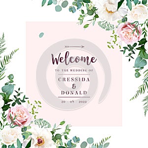 Silver sage green and blush pink flowers vector design frame