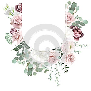 Silver sage green and blush pink flowers vector design frame.