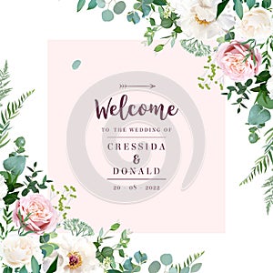 Silver sage green and blush pink flowers vector design frame photo