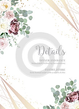 Silver sage green and blush pink flowers vector design frame. Dusty rose, white carnation, mauve rose