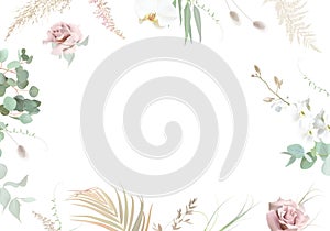 Silver sage green and blush pink flowers vector design frame. Dusty rose, white orchid, pampas grass, eucalyptus
