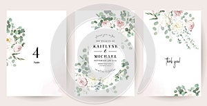 Silver sage green and blush pink flowers vector design frames. Dusty rose, white carnation, mauve rose