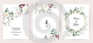 Silver sage green and blush pink flowers vector design frames. Dusty rose, white carnation, mauve rose, ranunculus