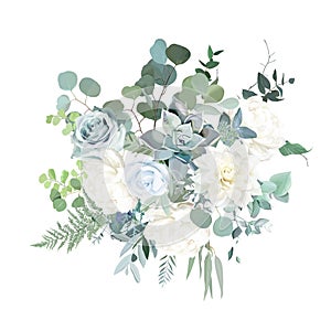 Silver sage green, mint, blue, white flowers vector design spring bouquet.