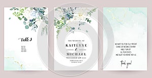 Silver sage green, mint, blue, white flowers vector design spring cards