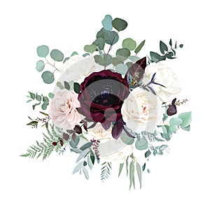 Silver sage green, pink blush, burgundy red and white flowers vector design bouquet