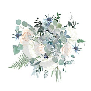 Silver sage green, pink blush and white flowers vector design spring bouquet